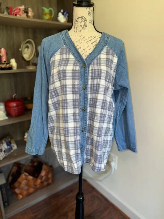 Lajate Denim & Plaid Flannel Button Down Shirt Shacket Womens Large 80s Vintage - Picture 2 of 9